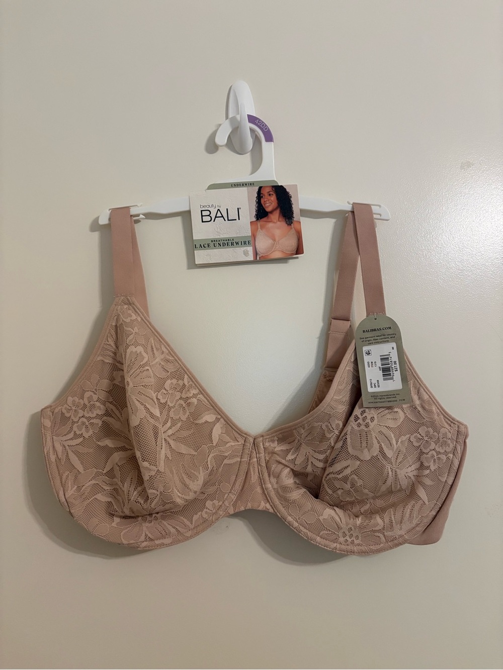 42DD Beauty by Bali Breathable Lace Underwire Bra Full Coverage Beige/tan - Picture 7 of 8